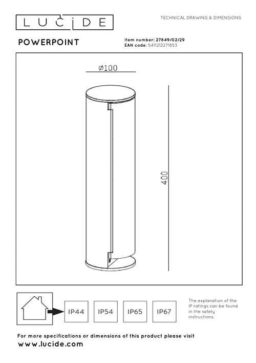 Lucide POWERPOINT - Outdoor socket column - Sockets with pin earth - Type E - FR, BE, POL, SVK & CZE standard - Ø 10 cm - IP44 - Anthracite - technical